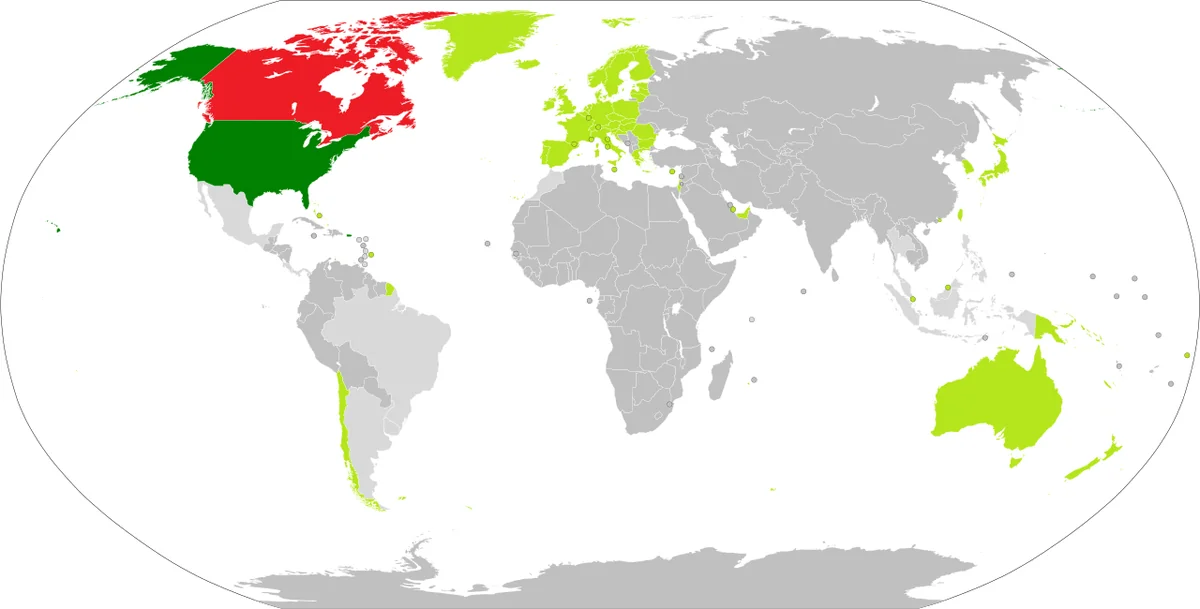 Mapa de la política de visas de Canadá: países con eTA, con eTA condicional y con visa obligatoria